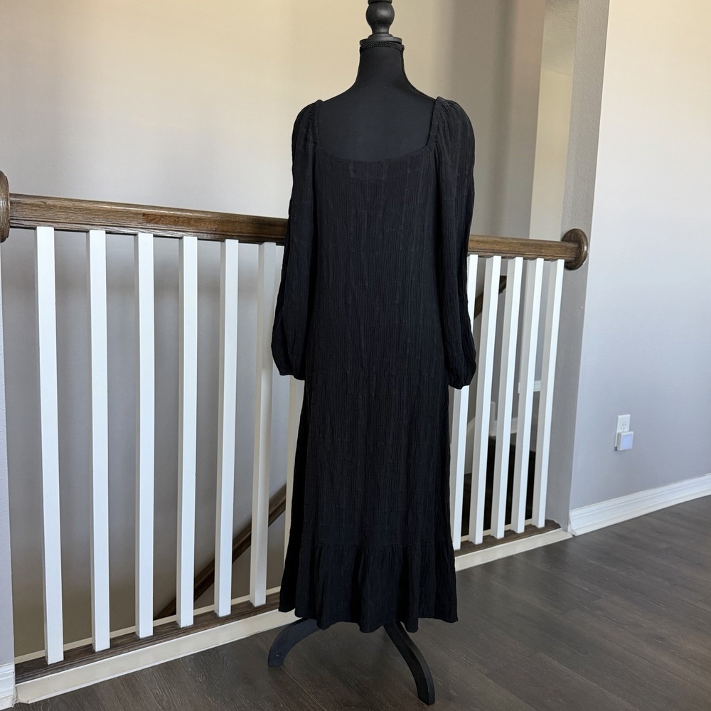 Anthropologie Textured Puff Sleeve Black Midi Dress Sz 10 Goth Grunge Peasant - Picture 4 of 9